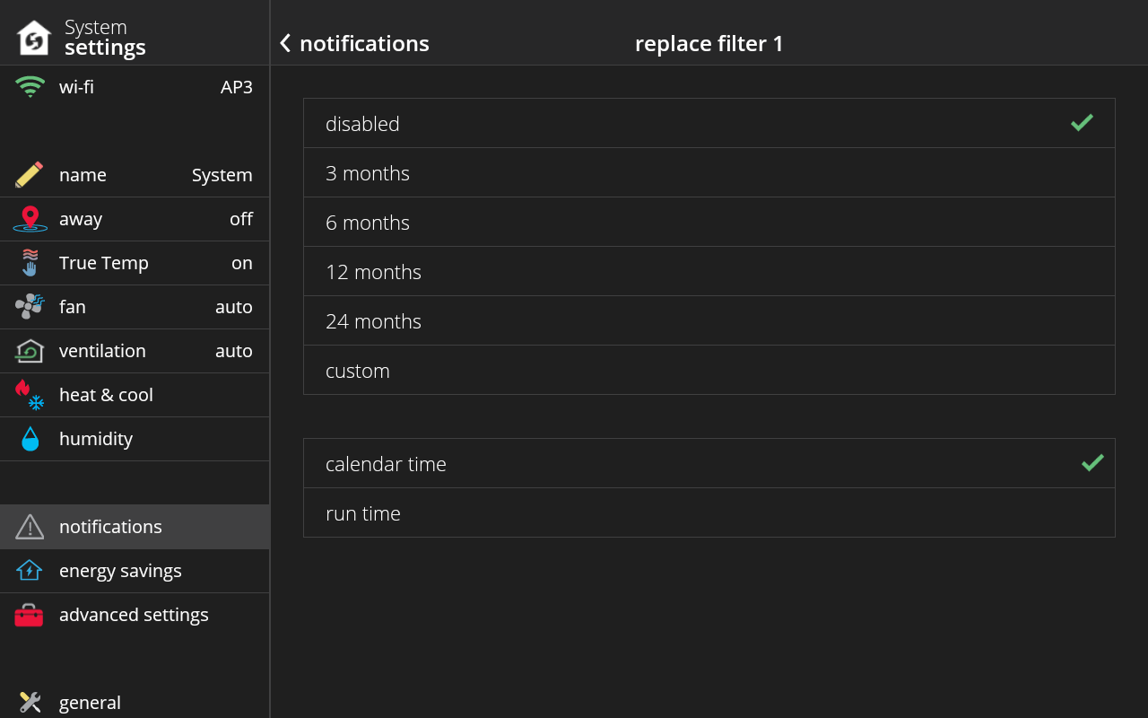 Notifications Selected